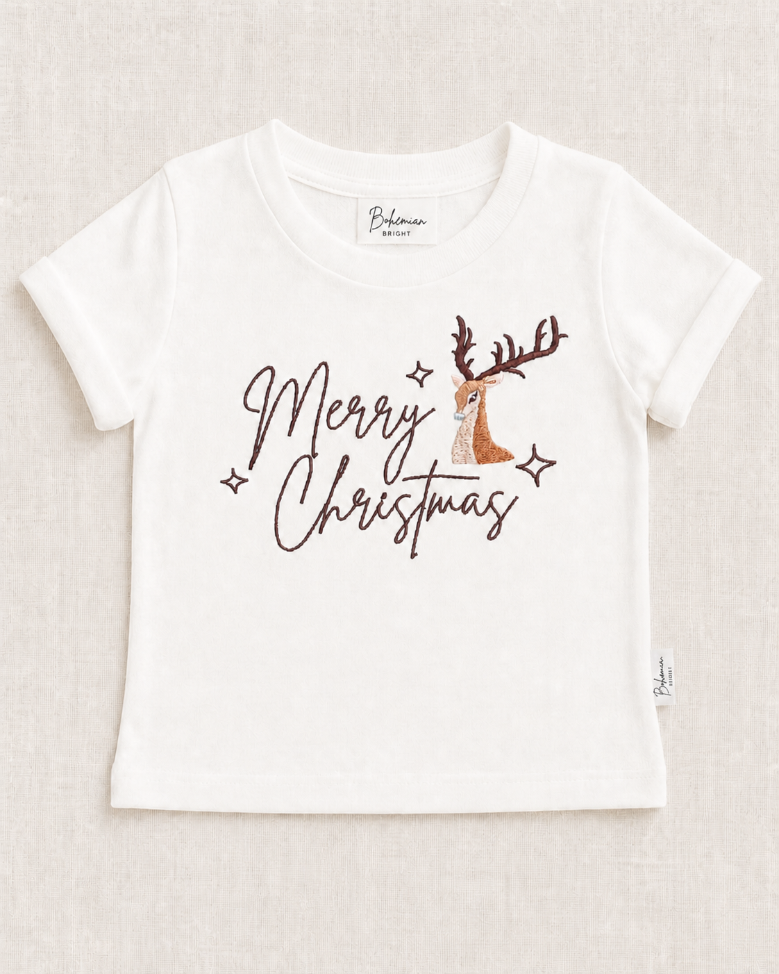 Merry Christmas Embroidered Kids Reindeer T-Shirt